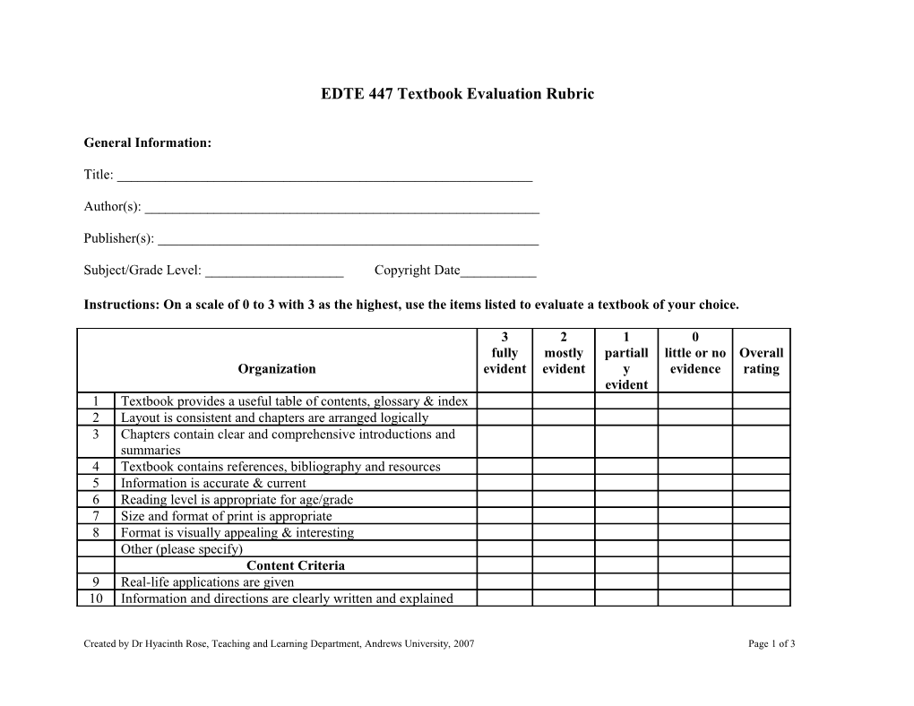 EDTE 447 Textbook Evaluation Rubrics