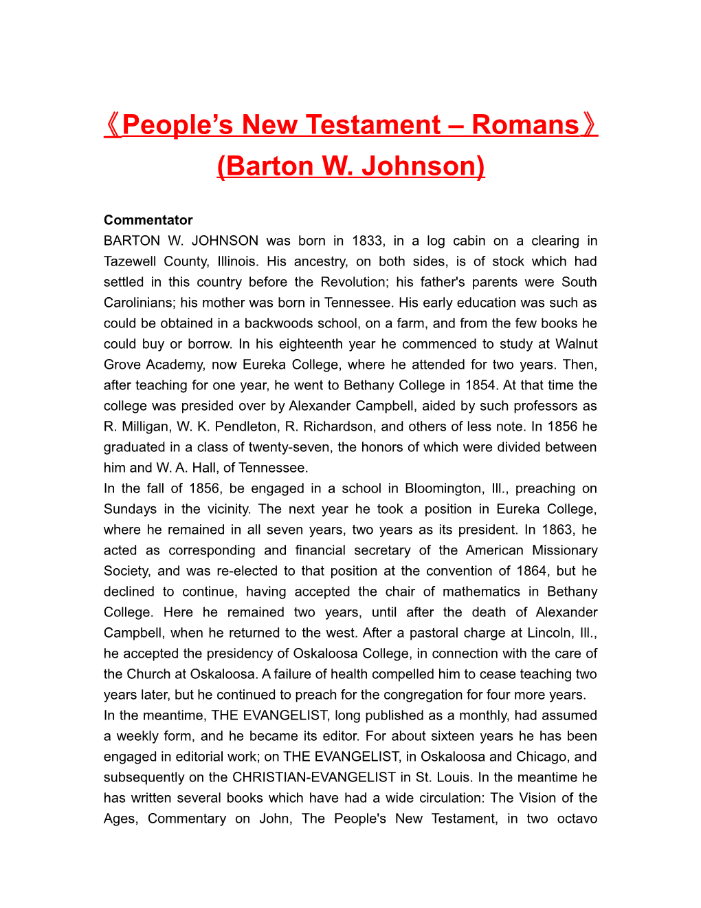People S New Testament Romans (Barton W. Johnson)