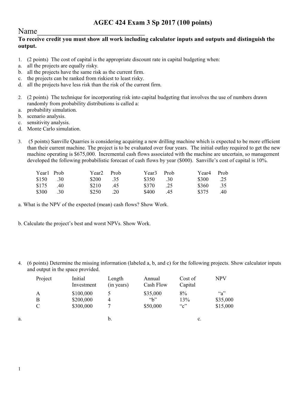 AGEC 424 Exam 3 Sp2017 (100 Points)