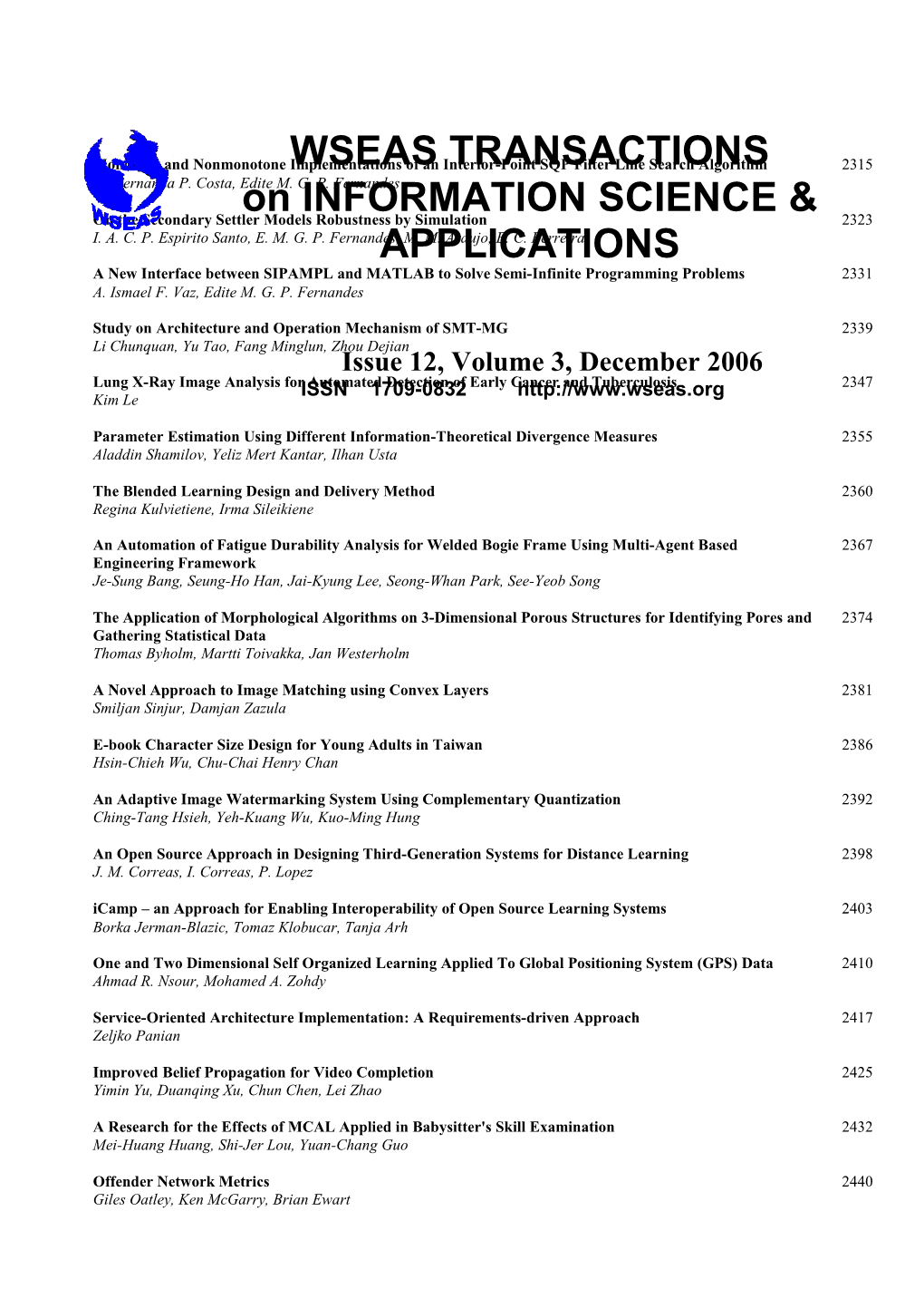 WSEAS Trans. on INFORMATION SCIENCE & APPLICATIONS, December 2006