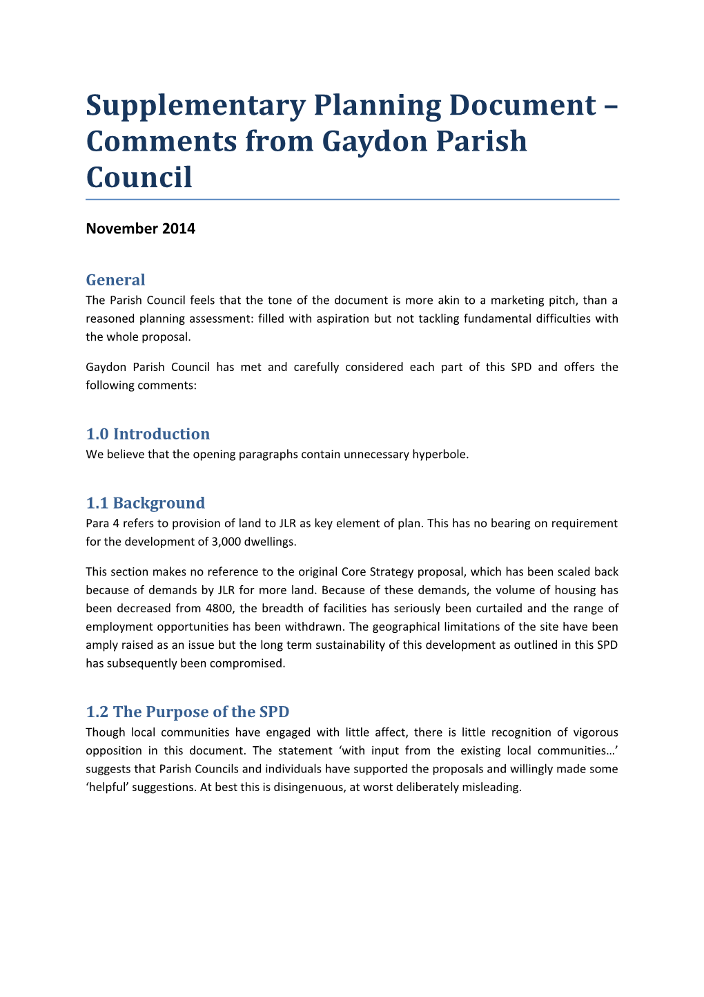 Supplementary Planning Document Comments from Gaydon Parish Council
