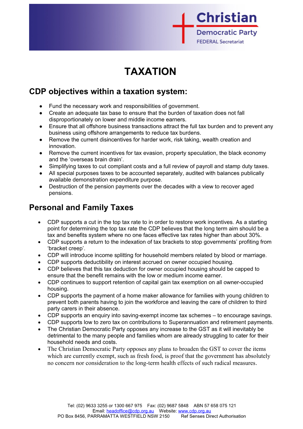CDP Objectives Within a Taxation System