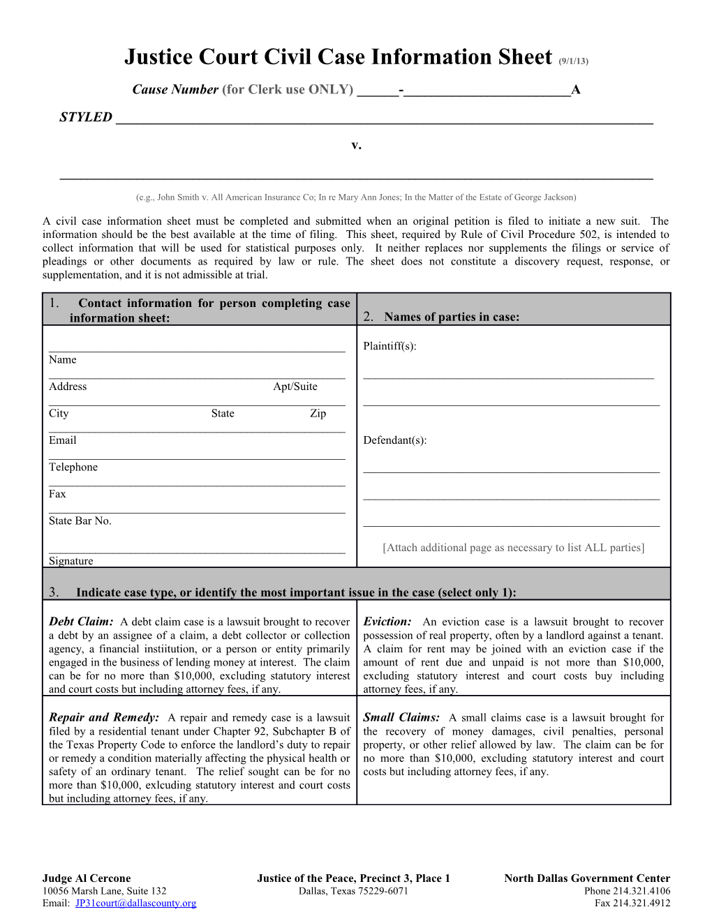 Justice Court Civil Case Information Sheet (9/1/13)