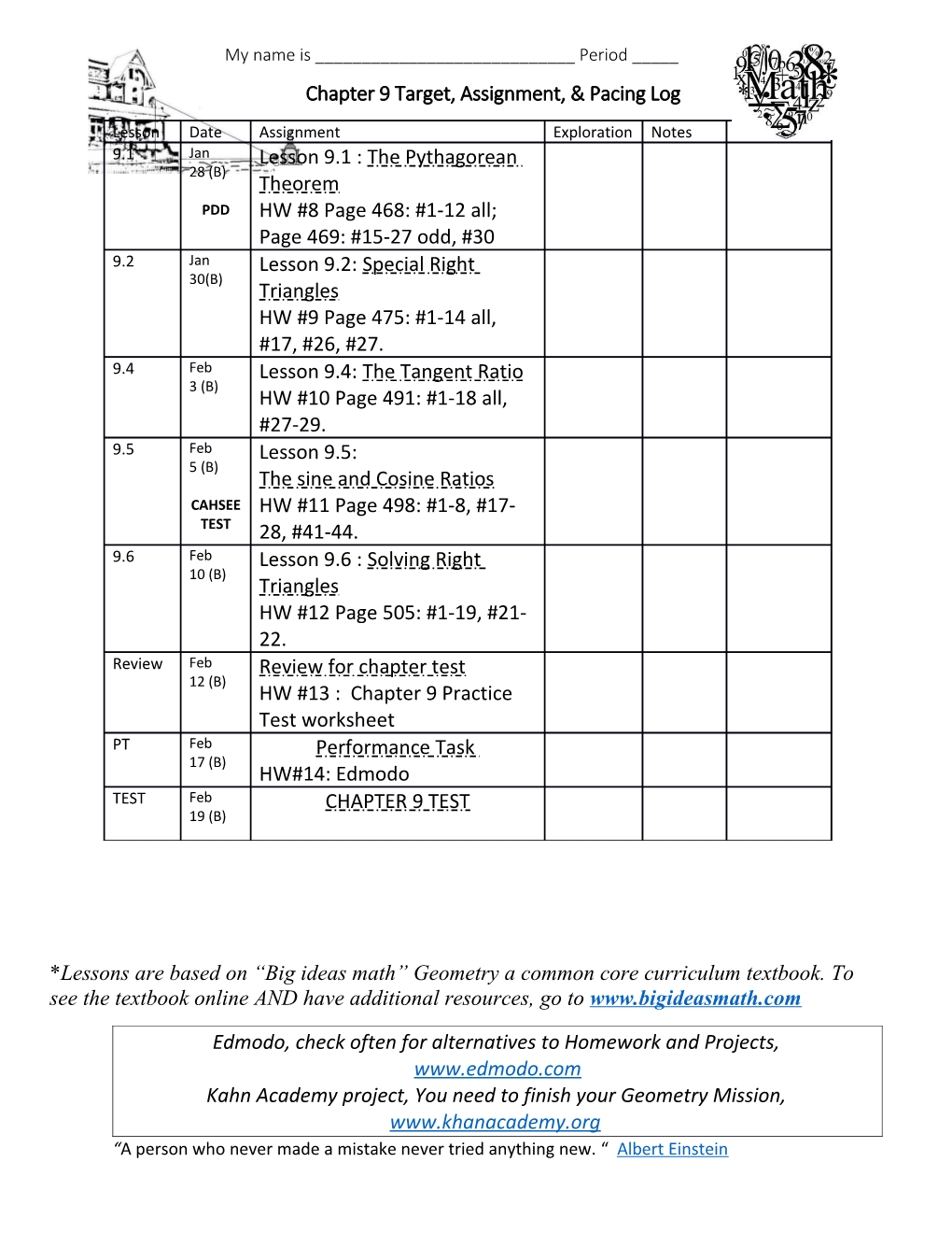 Chapter 9 Target, Assignment, & Pacing Log