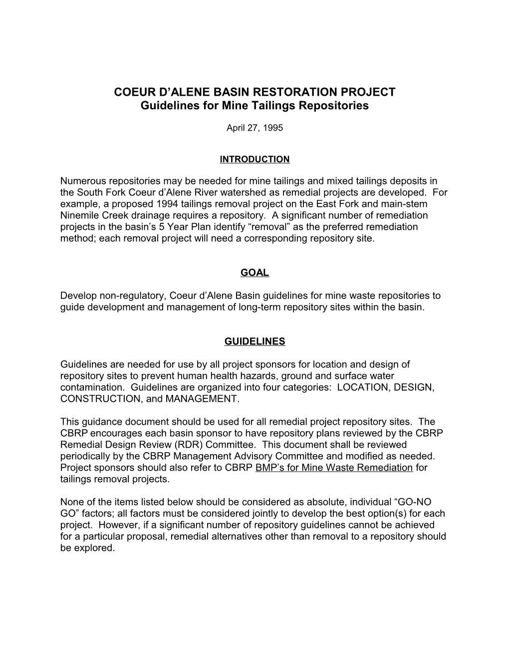 Coeur D Alene Basin Restoration Project