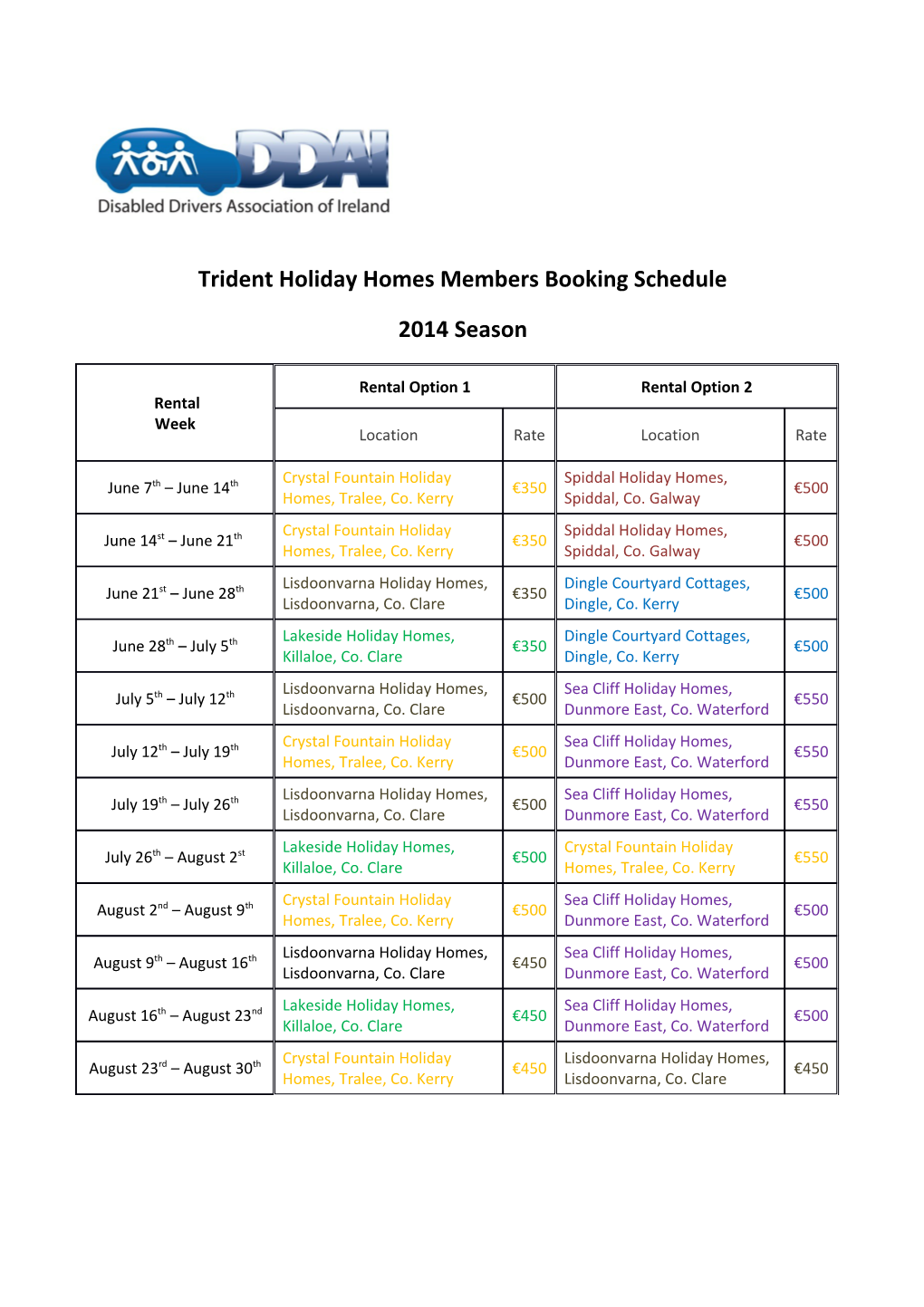 Trident Holiday Homes Members Booking Schedule