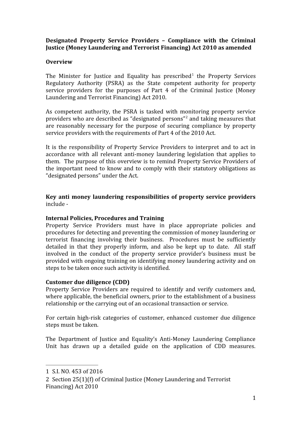 Designated Property Service Providers Compliance with the Criminal Justice (Money Laundering