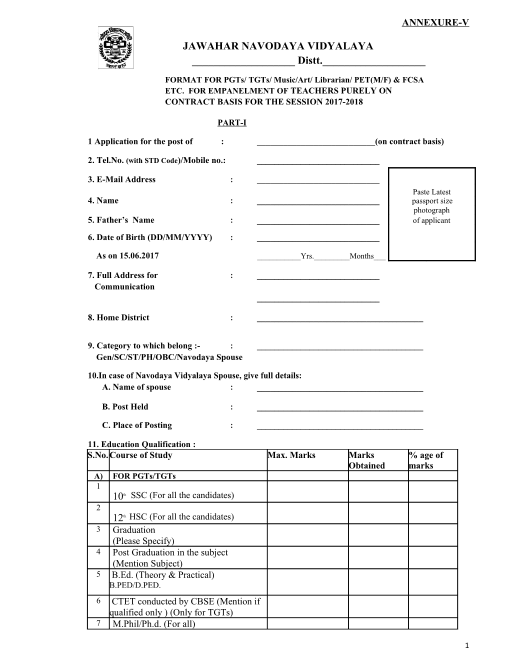 FORMAT for Pgts/ Tgts/ Music/Art/ Librarian/ PET(M/F) & FCSA