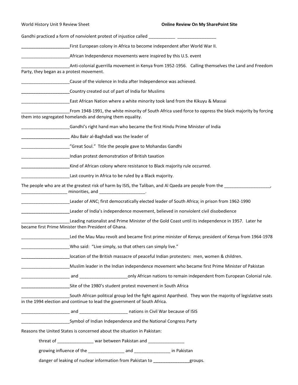 World History Unit 9 Review Sheet Online Review on My Sharepoint Site