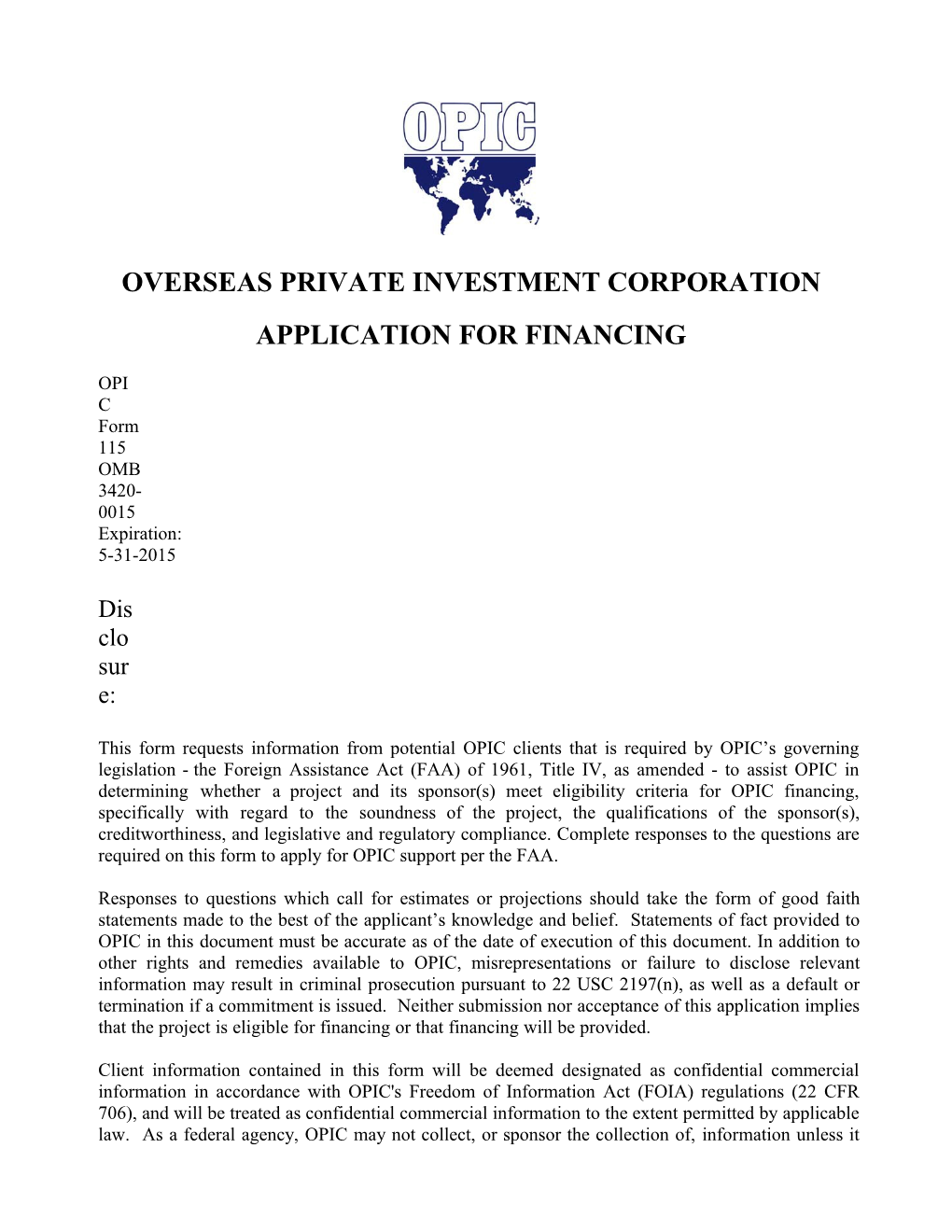 Overseas Private Investment Corporation Application for Financing