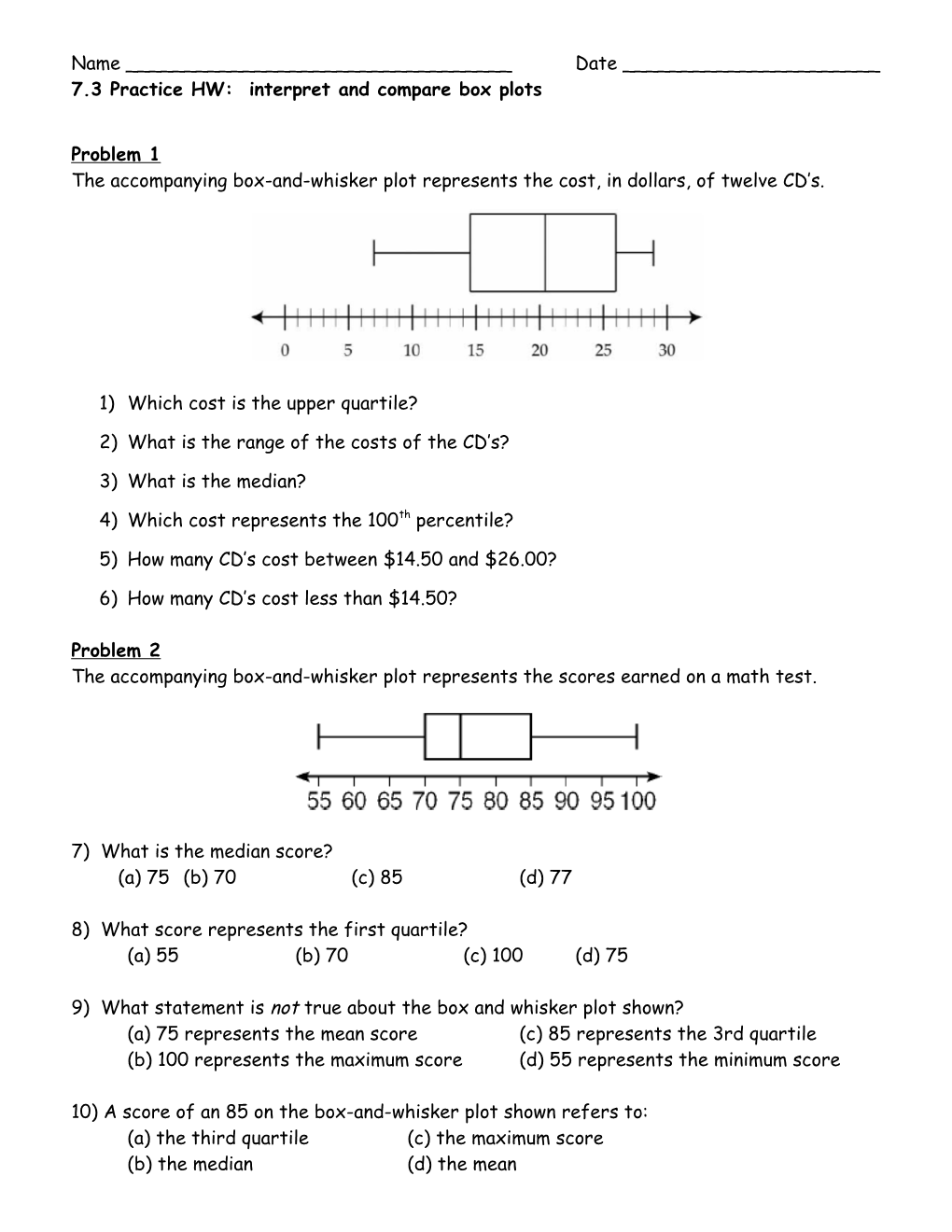 7.3 Practice HW: Interpret and Compare Box Plots