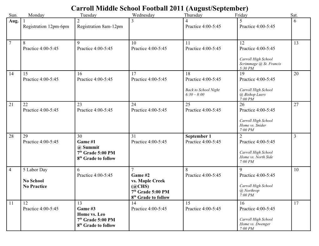 Carroll Middle School Football 2011 (August/September)