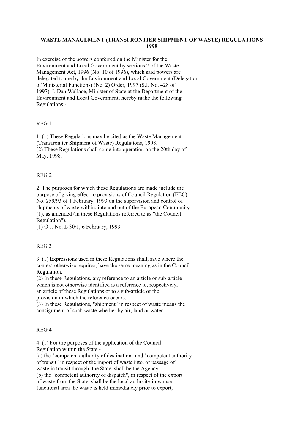 Waste Management (Transfrontier Shipment of Waste) Regulations 1998