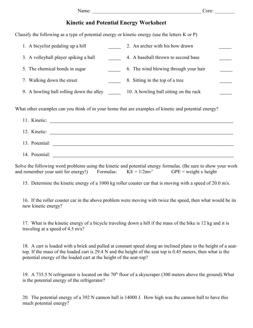 Kinetic and Potential Energy Worksheet Name ______