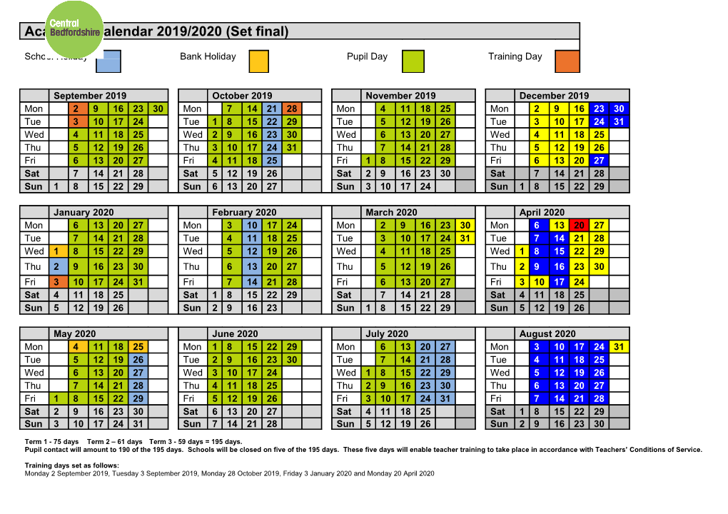 Term 1 - 75 Days Term 2 61 Days Term 3 - 59 Days = 195 Days