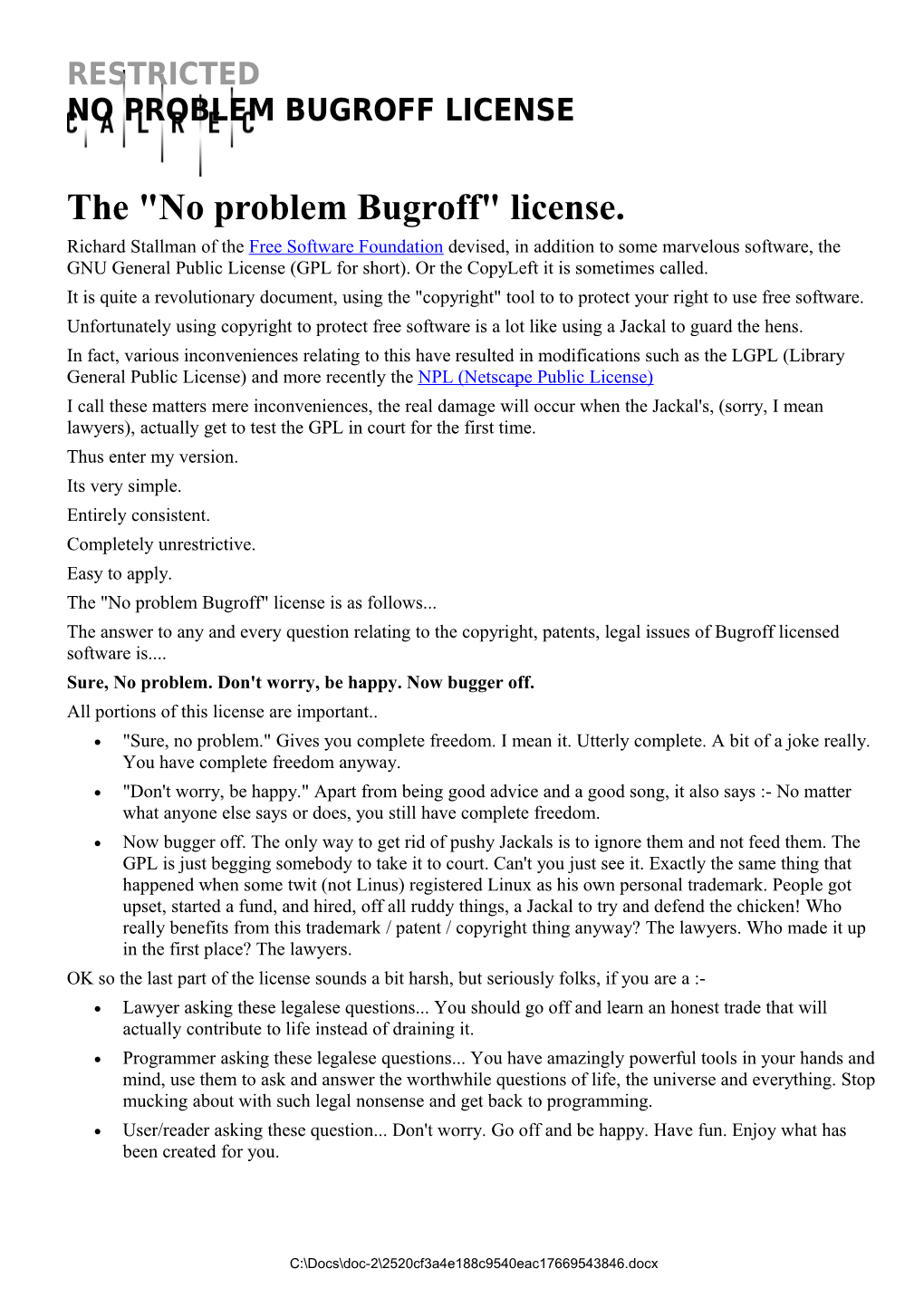 The No Problem Bugroff License