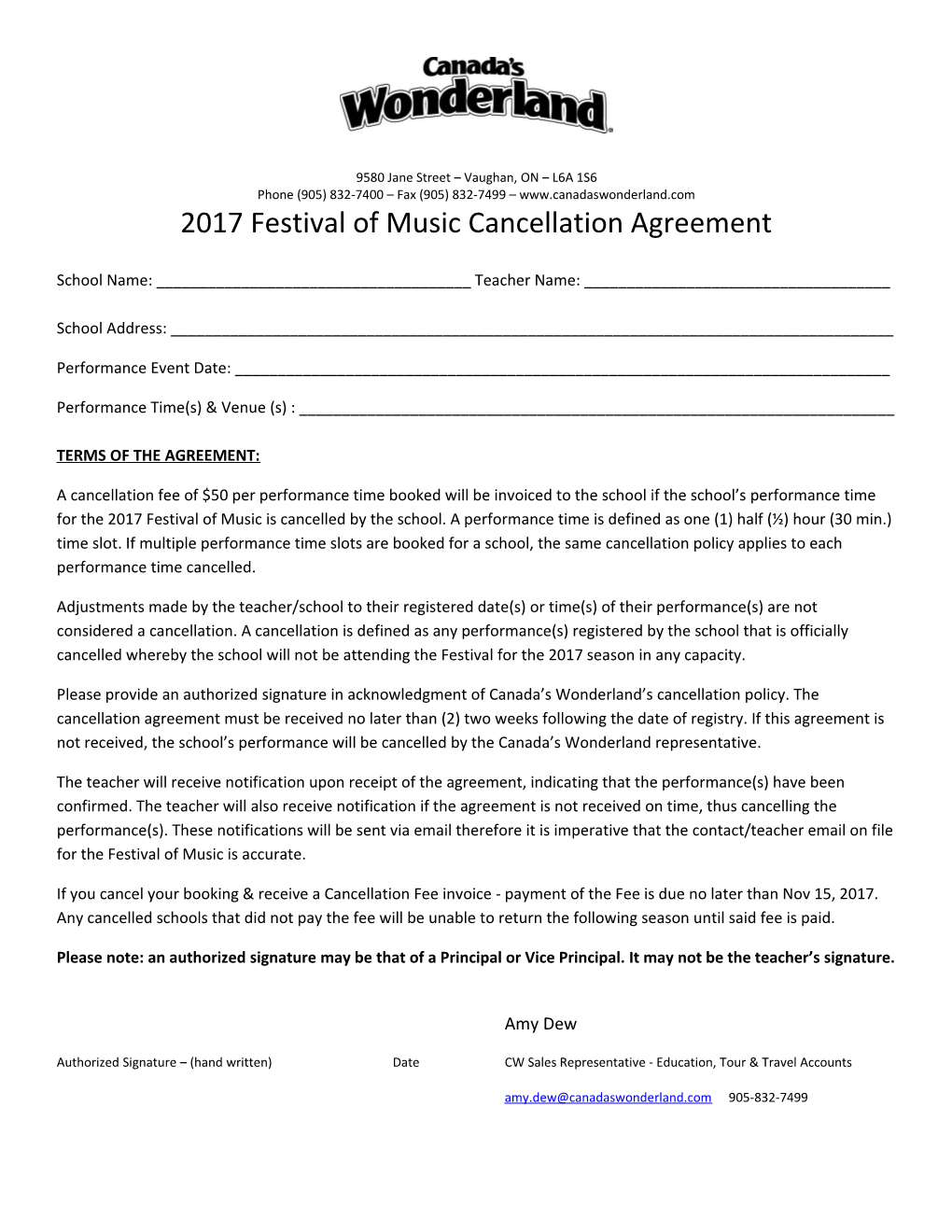 2017 Festival of Music Cancellation Agreement