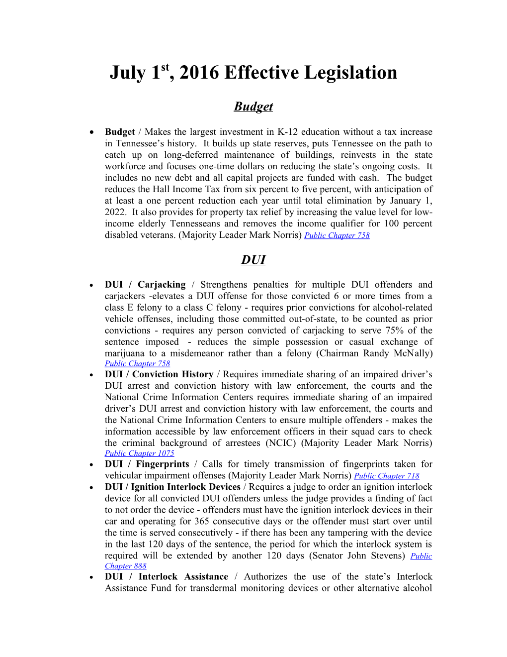 July 1St, 2016 Effective Legislation