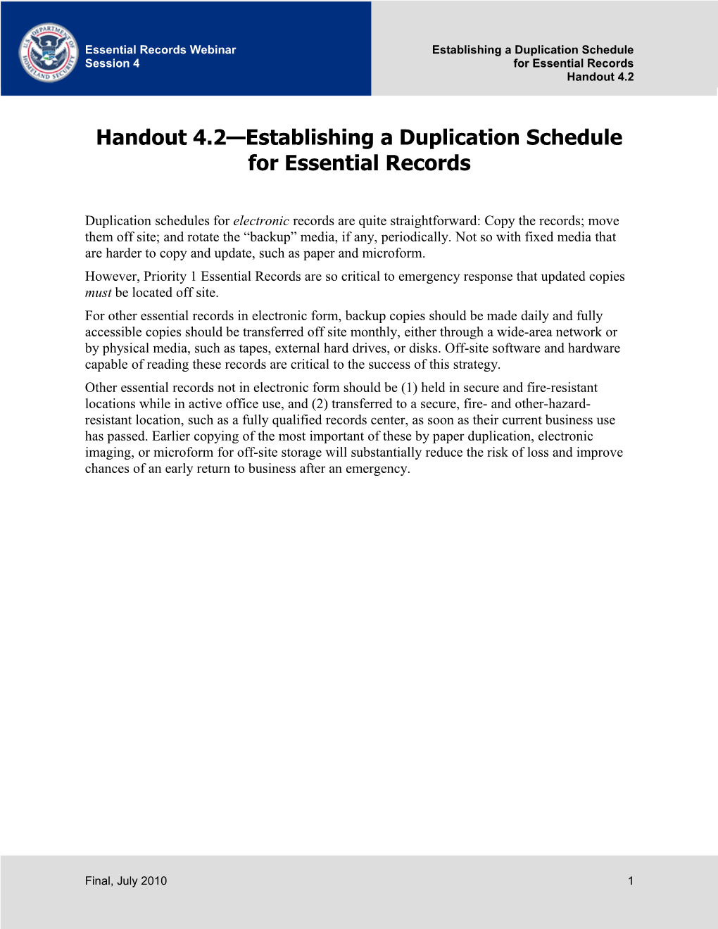 Handout 4.2 Establishing a Duplication Schedule for Essential Records