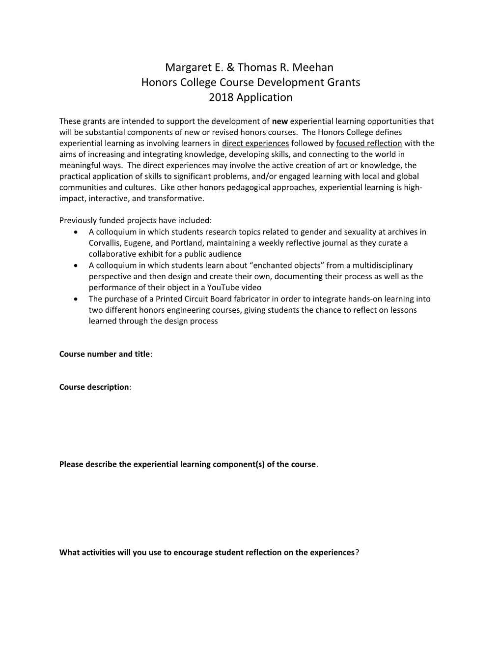 Honors College Course Development Grants