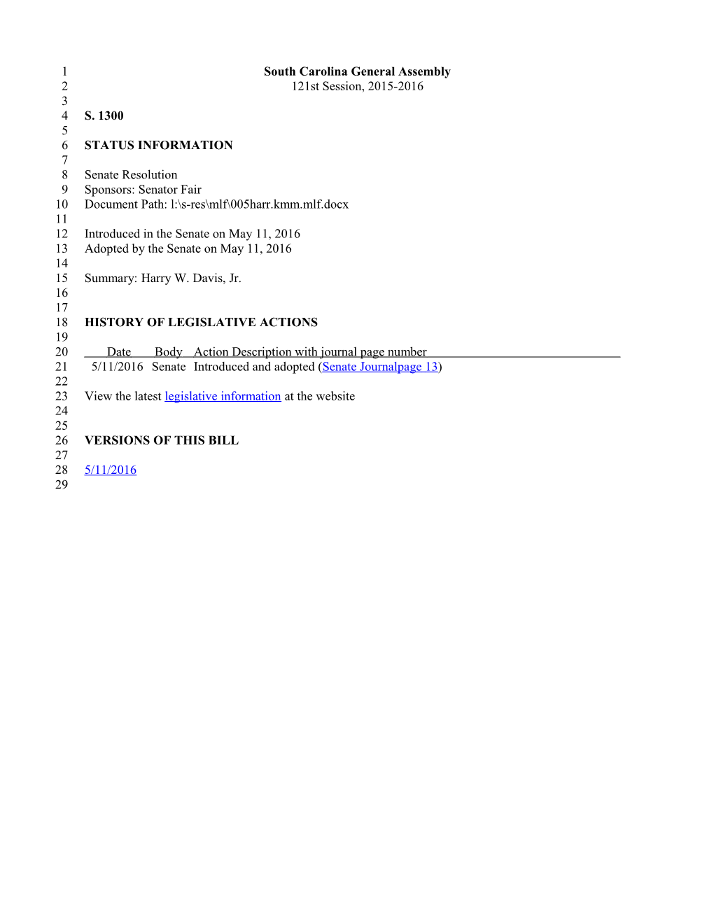 2015-2016 Bill 1300: Harry W. Davis, Jr. - South Carolina Legislature Online