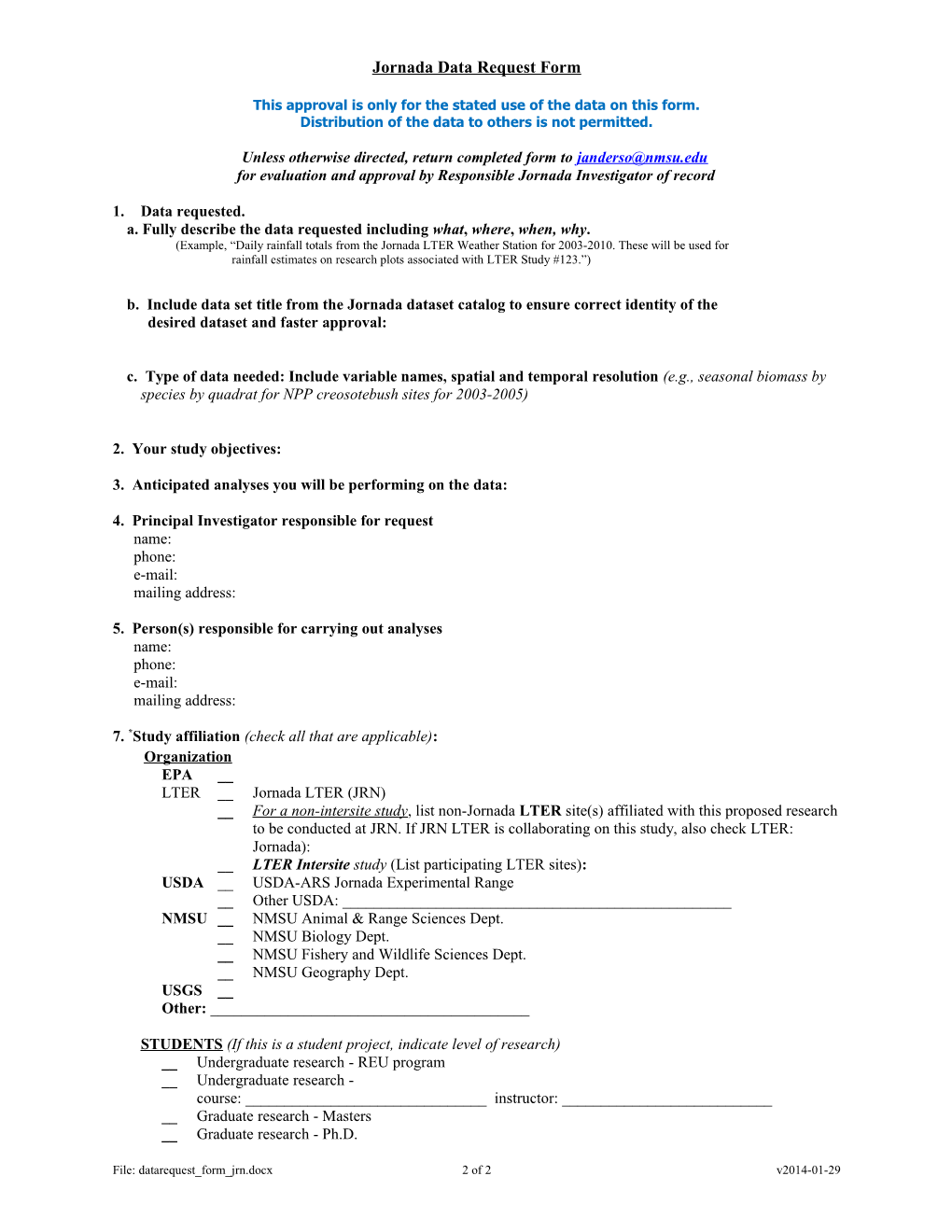 USDA Research Notification Form