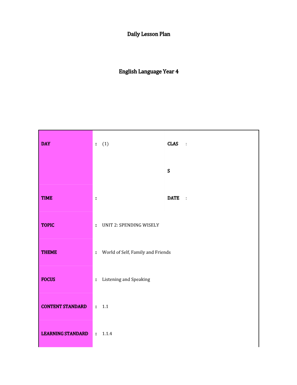 Daily Lesson Plan s6