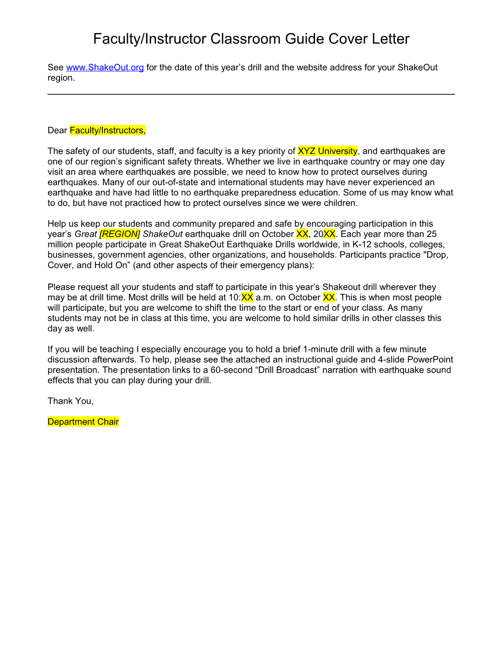 Faculty/Instructor Classroom Guide Cover Letter