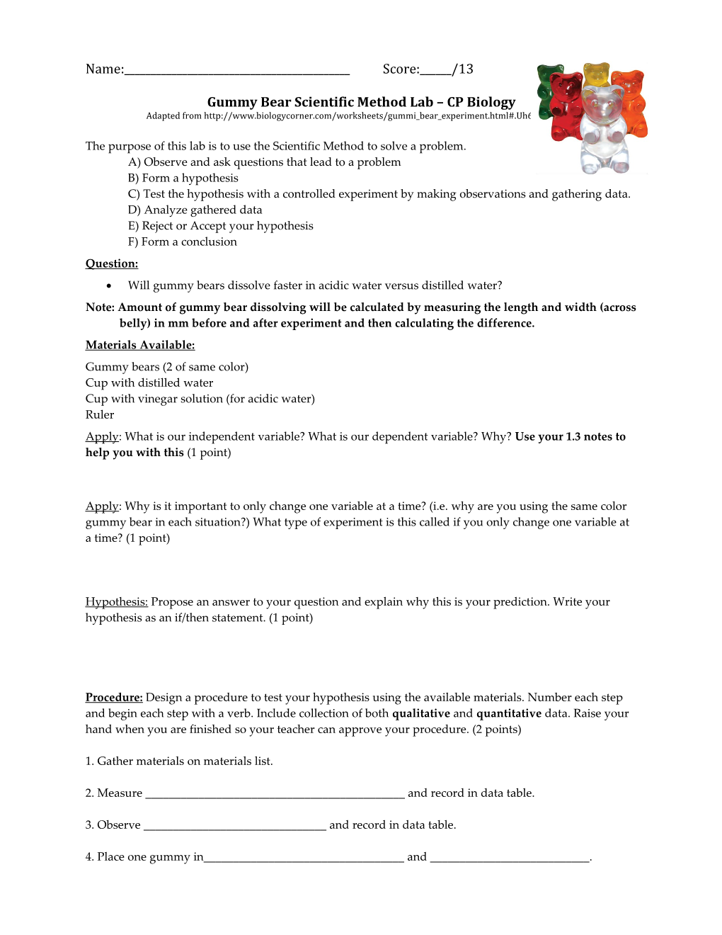 Gummy Bear Scientific Method Lab CP Biology