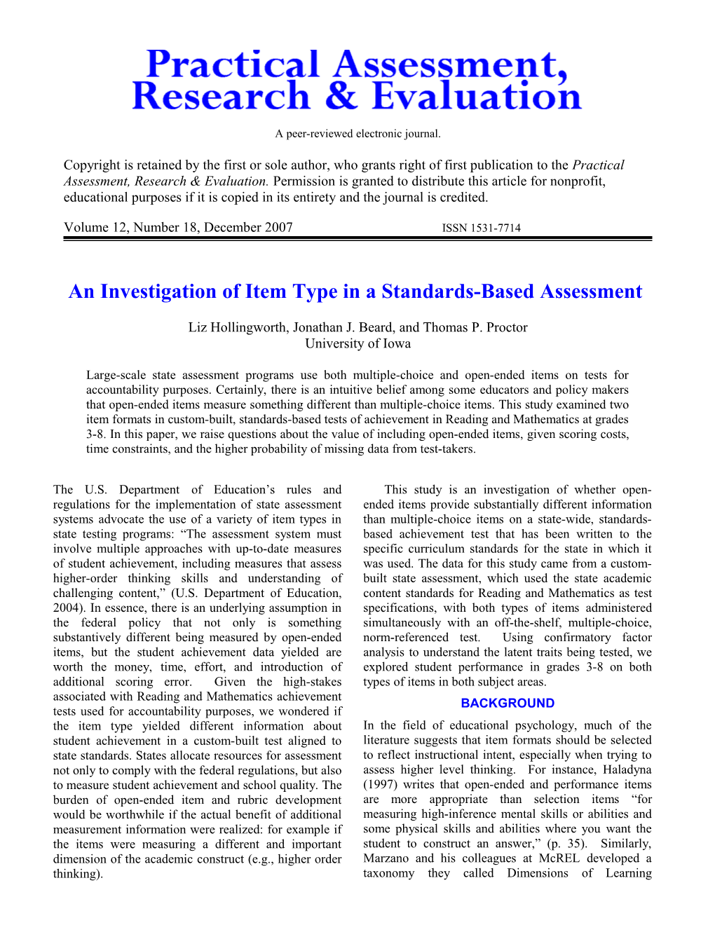 An Investigation of Item Type in a Standards-Based Assessment