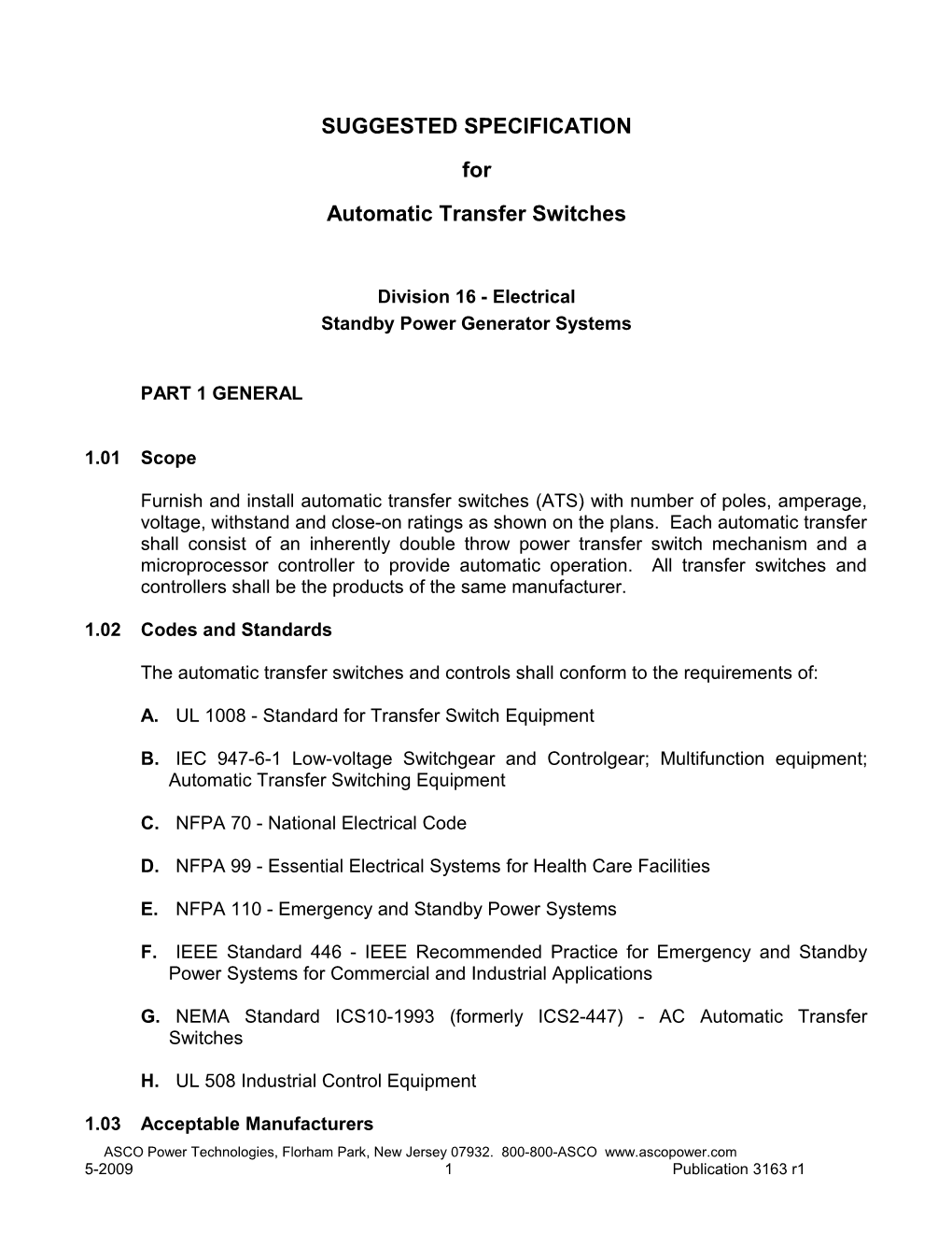 ASCO 4000 SUGGESTED SPECIFICATION for Automatic Transfer Switches (Pub 3163)