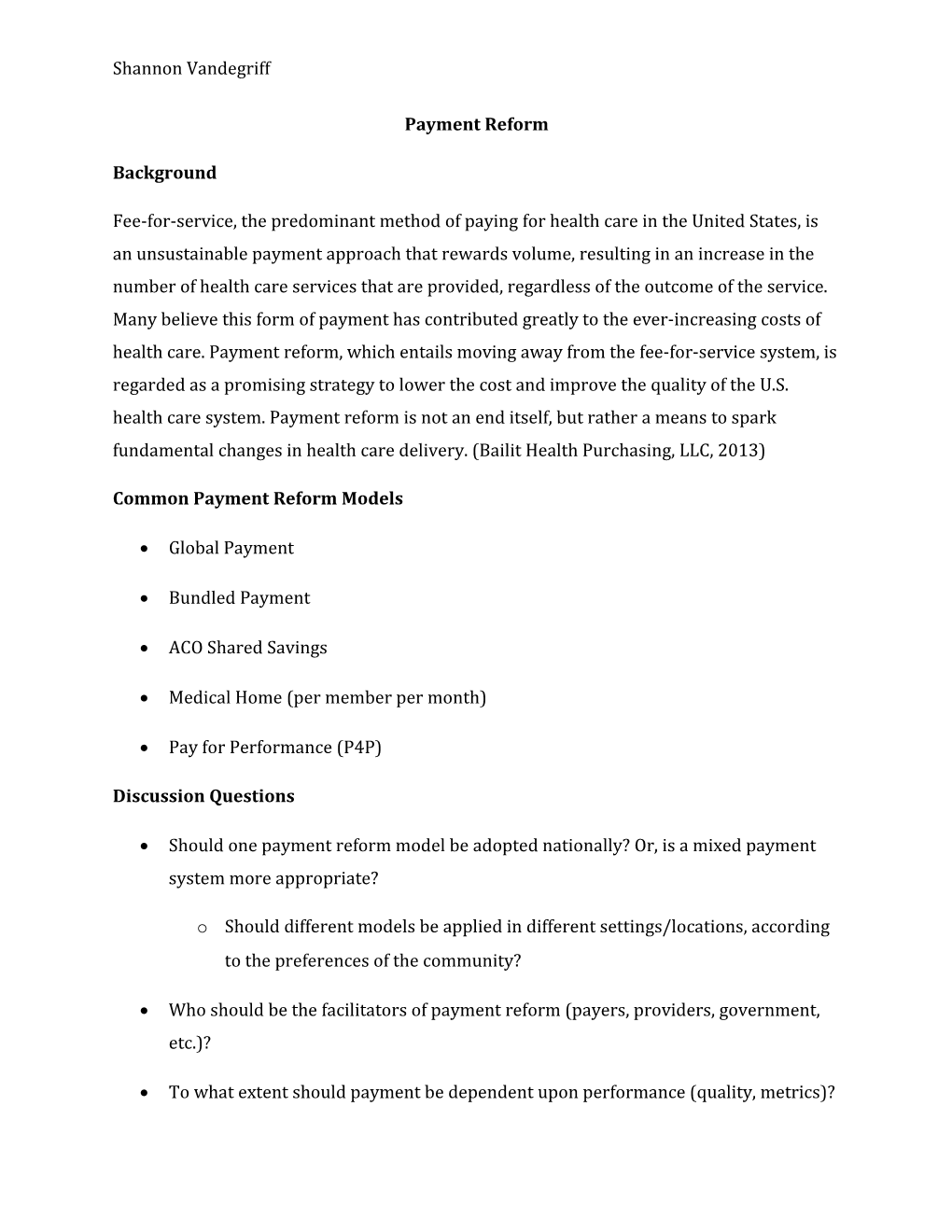 Common Payment Reform Models