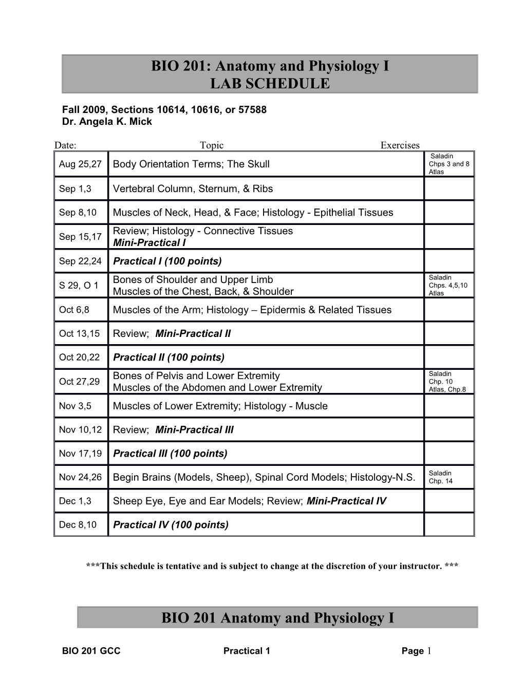 BIO 201: Anatomy and Physiology I