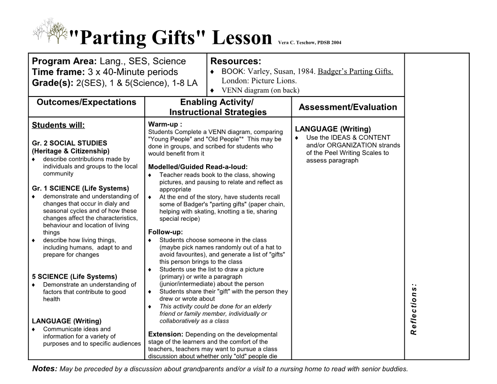 Parting Gifts Lesson Vera C. Teschow, PDSB 2004