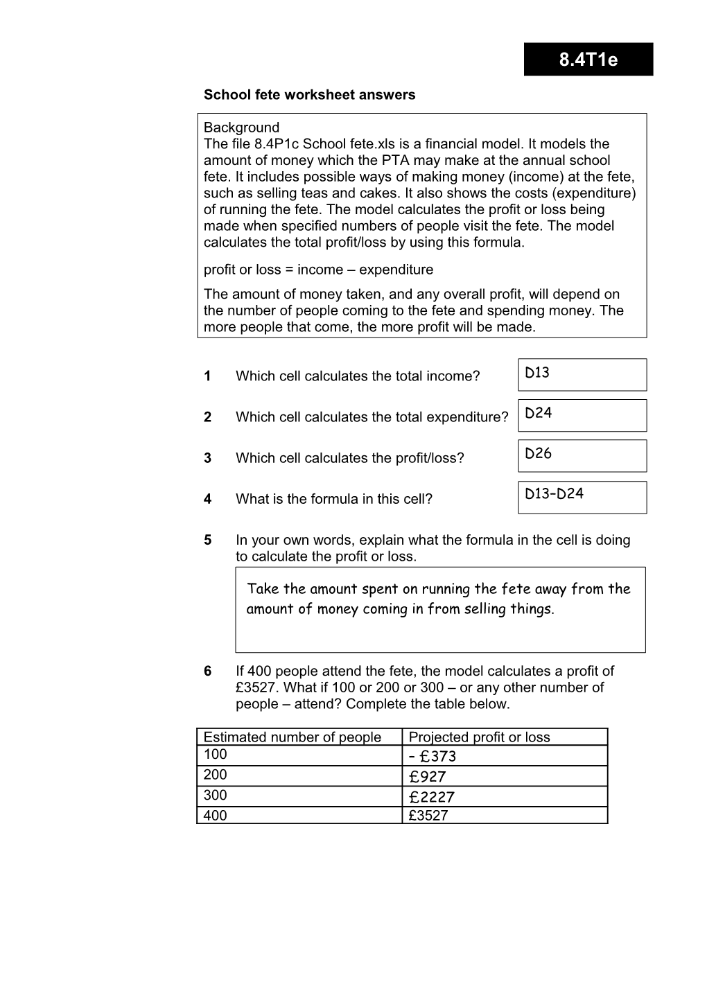 8.4T1e School Fete Worksheet Answers