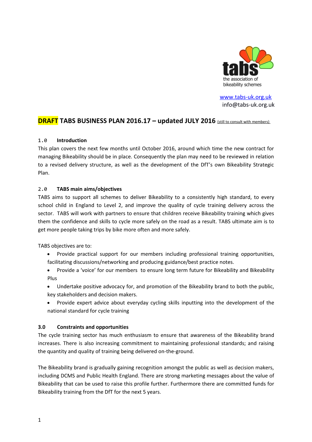 DRAFT TABS BUSINESS PLAN 2016.17 Updated JULY 2016 (Still to Consult with Members)