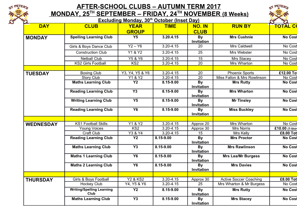 Excluding Monday, 30Thoctober (Inset Day)