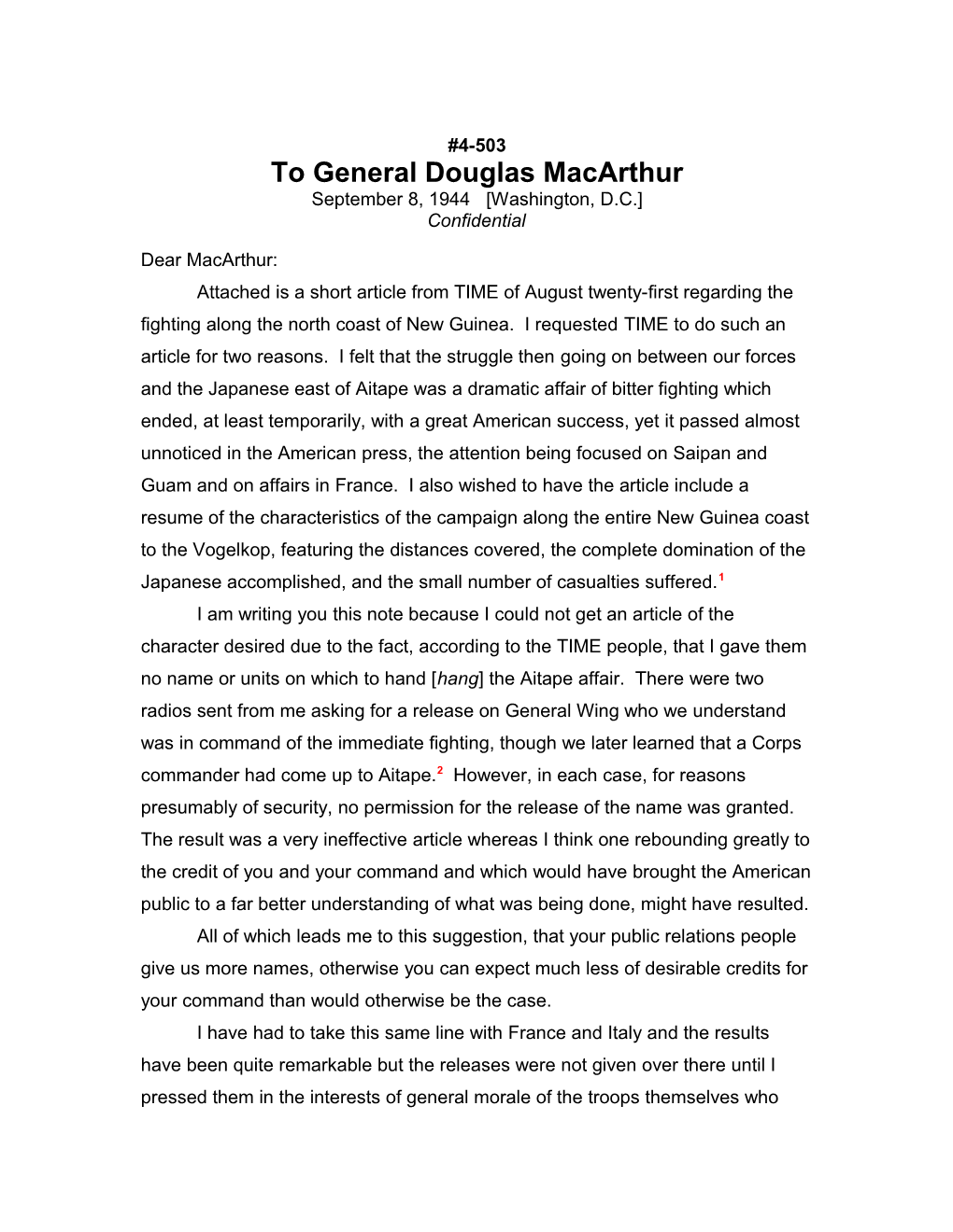 To General Douglas Macarthur