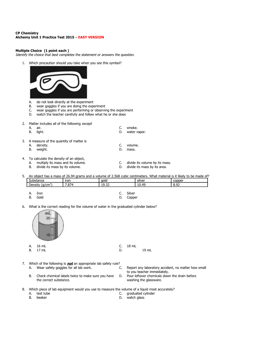 Alchemy Unit 1 Practice Test 2015 EASY VERSION