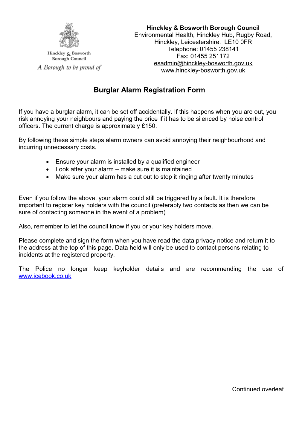 Burglar Alarm Registration Form