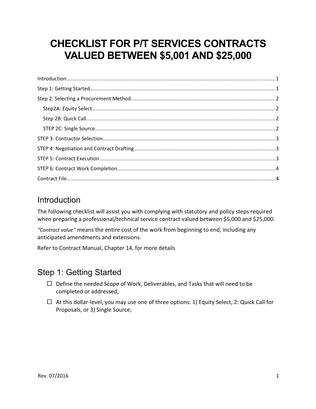 Checklist for P/T Services Contracts Valued Between $5,001 and $25,000