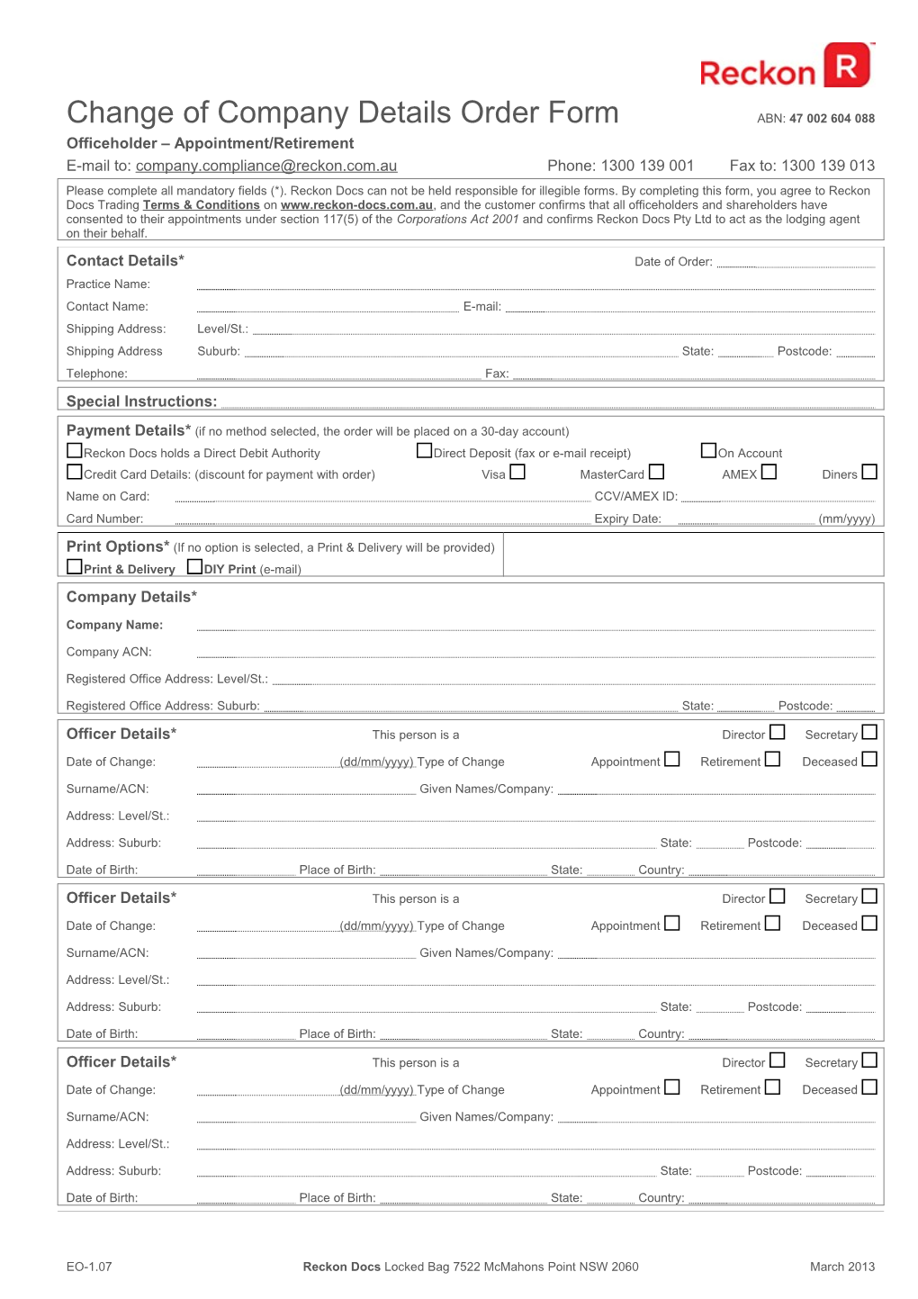 Change of Company Details Order Formabn: 47 002 604 088