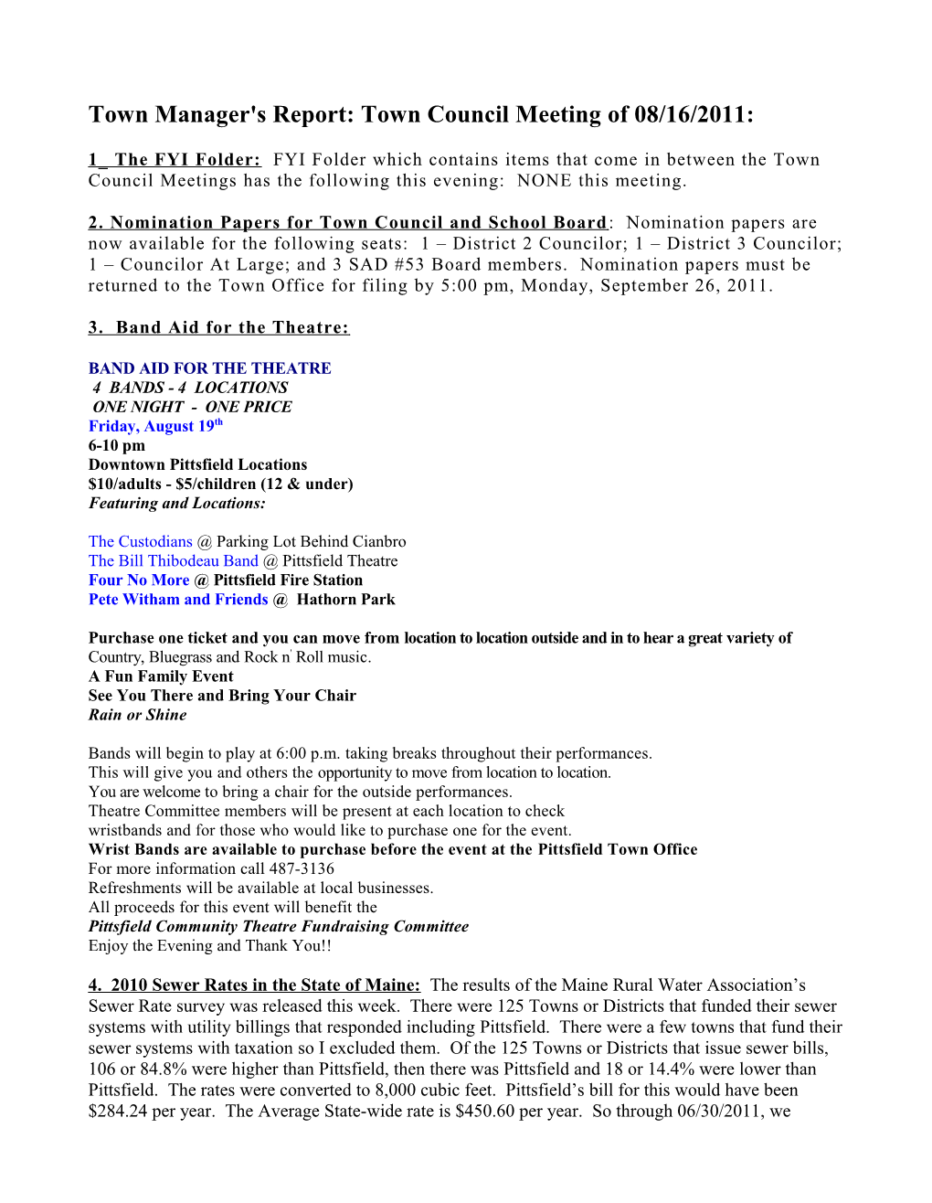 Town Manager's Report: Town Council Meeting of 08/16/2011