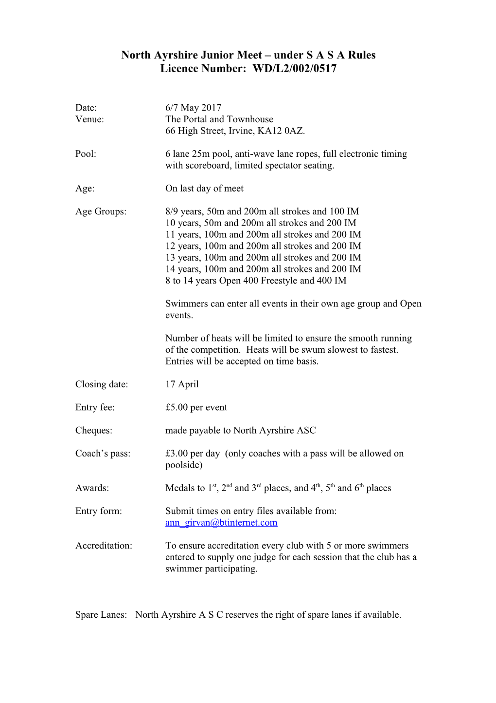 North Ayrshire Junior Meet Under S a S a Rules