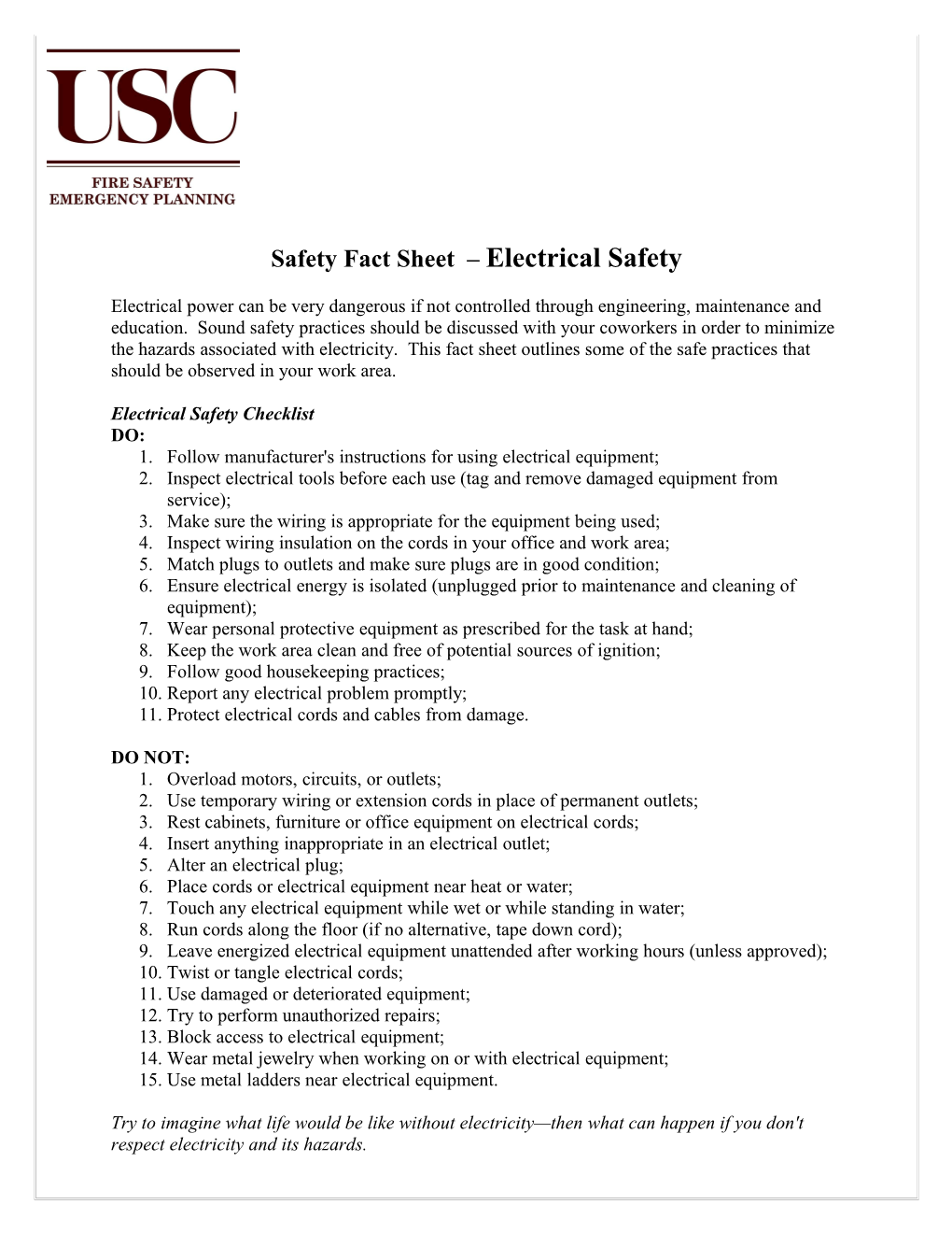 Safety Fact Sheet Electrical Safety