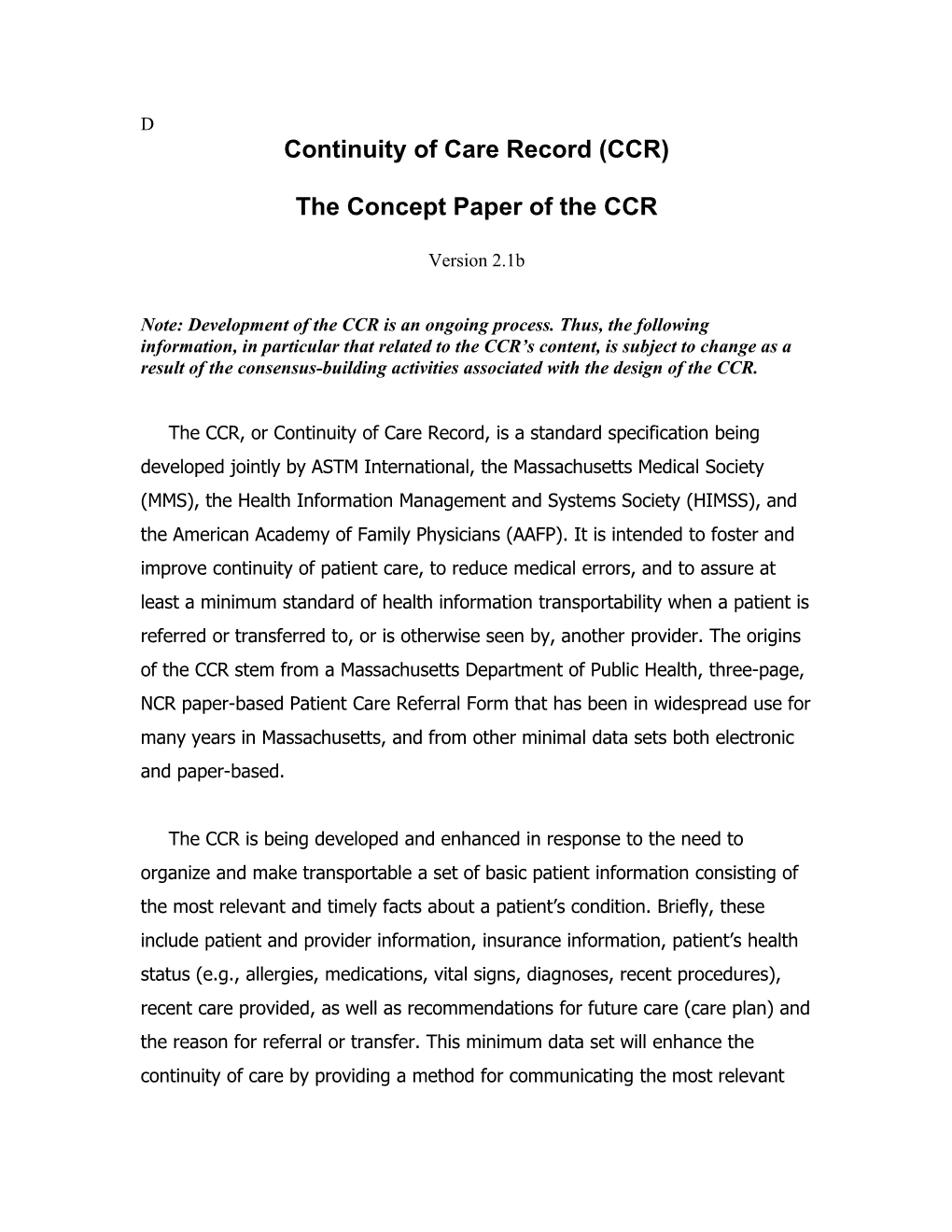 Continuity of Care Record (CCR)