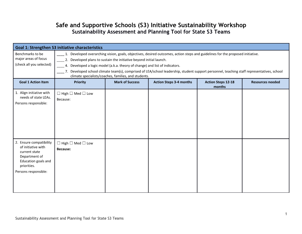 Safe and Supportive Schools (S3)Initiative Sustainability Workshop