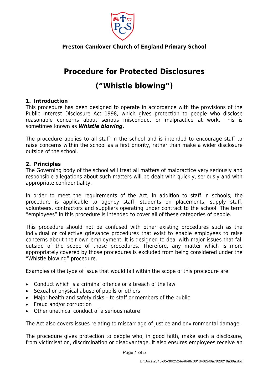 Cheriton Primary Procedure for Protected Disclosures ( Whistle Blowing )