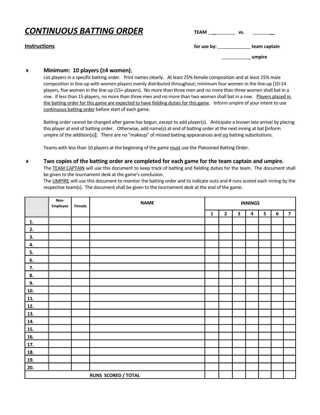 SB * Batting Order & Instructions Form