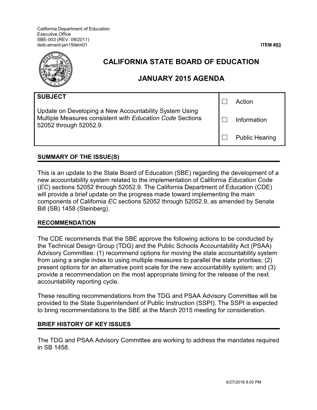 January 2015 Agenda Item 03 - Meeting Agendas (CA State Board of Education)